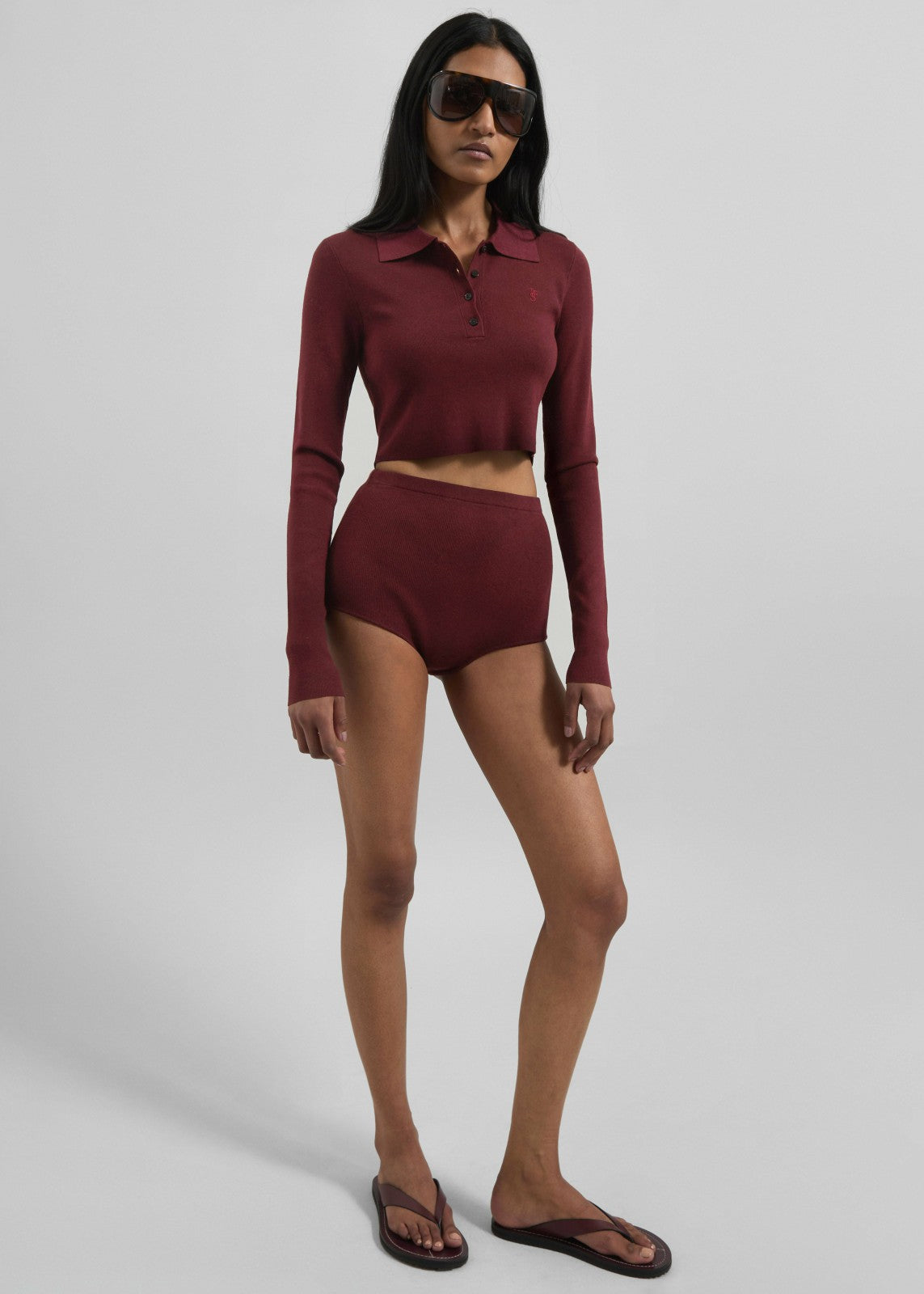Giselle Cropped Knit Polo - Burgundy