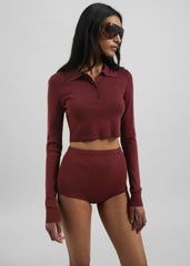 Giselle Cropped Knit Polo - Burgundy