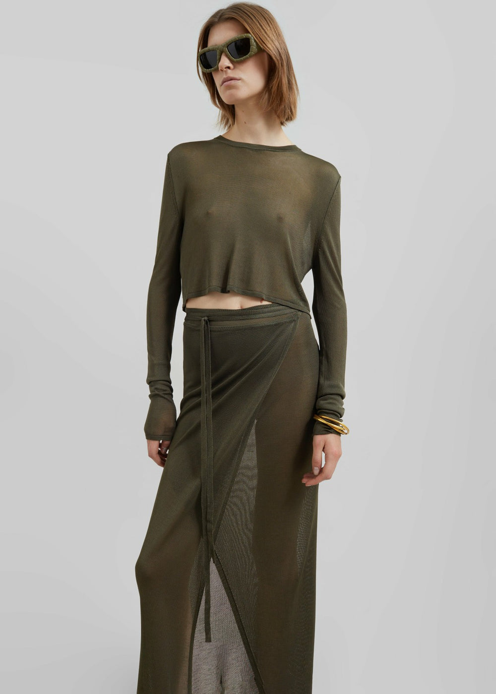 Kazel Cropped Thin Knit Top - Khaki
