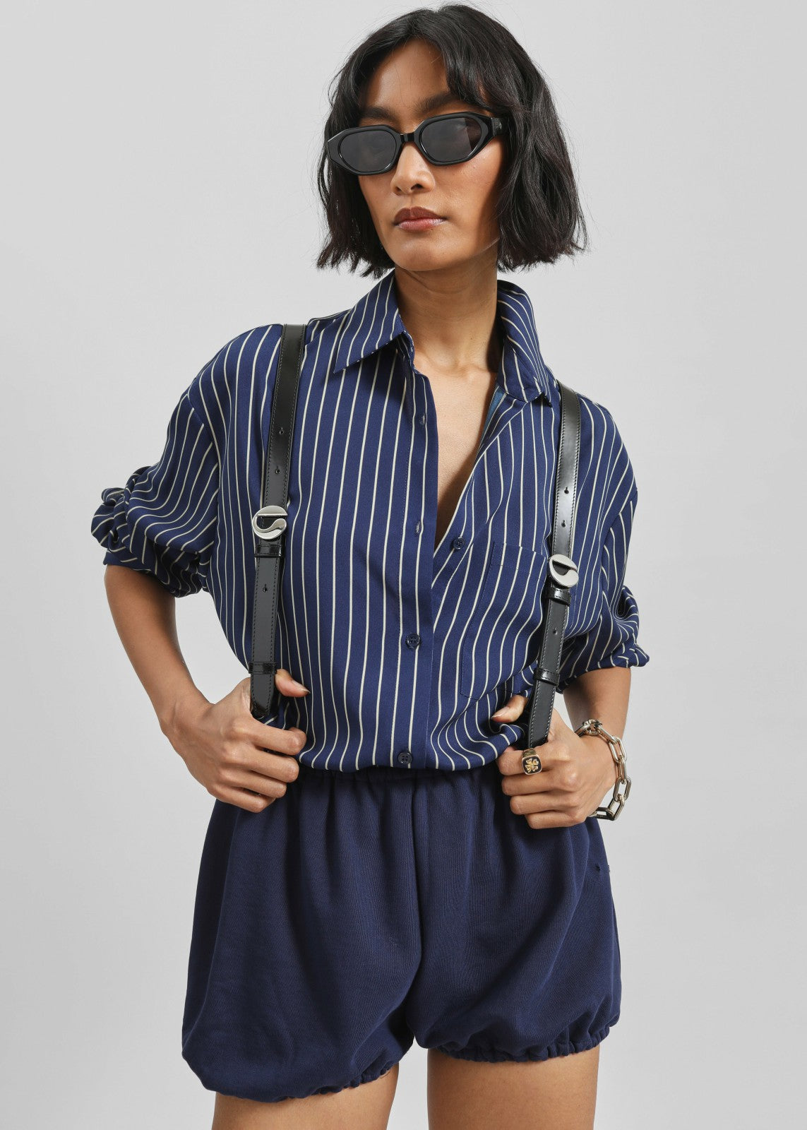 Lui Striped Shirt - Navy/Beige Pinstripe