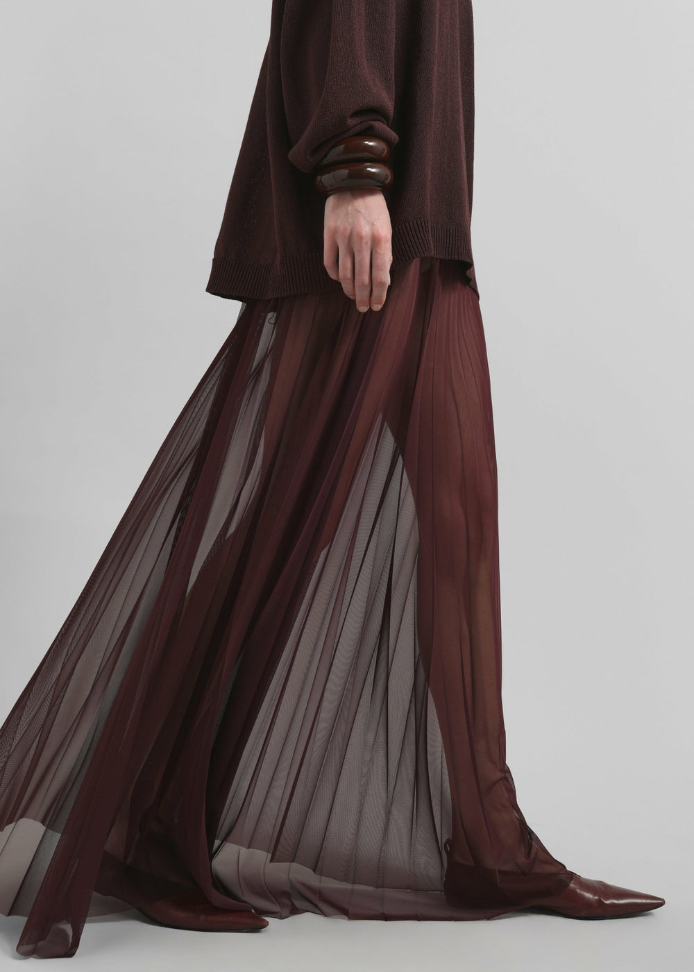 Vallen Pleated Mesh Maxi Skirt - Burgundy