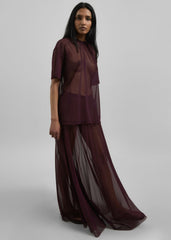 Vallen Pleated Mesh Maxi Skirt - Burgundy