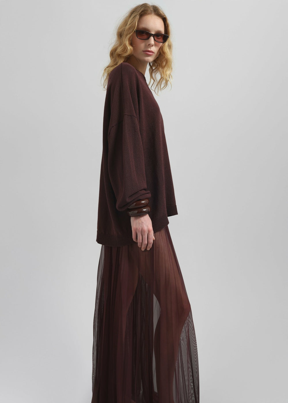 Vallen Pleated Mesh Maxi Skirt - Burgundy