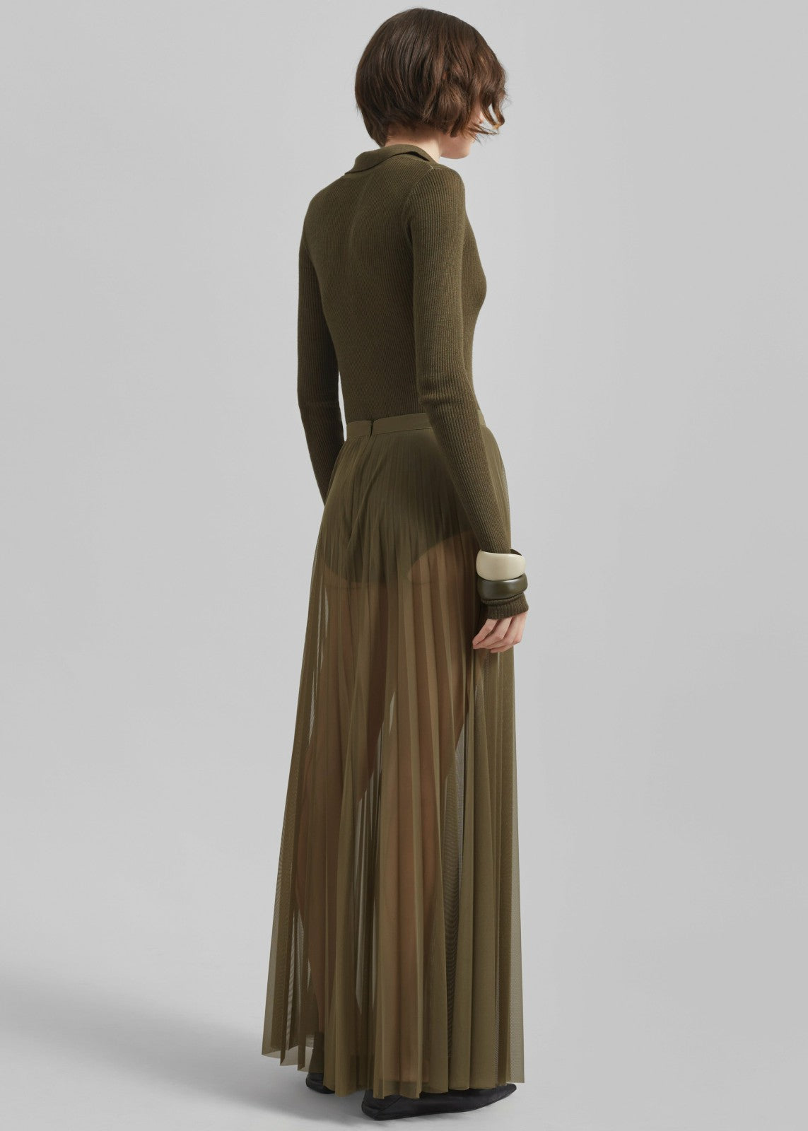 Vallen Pleated Mesh Maxi Skirt - Khaki