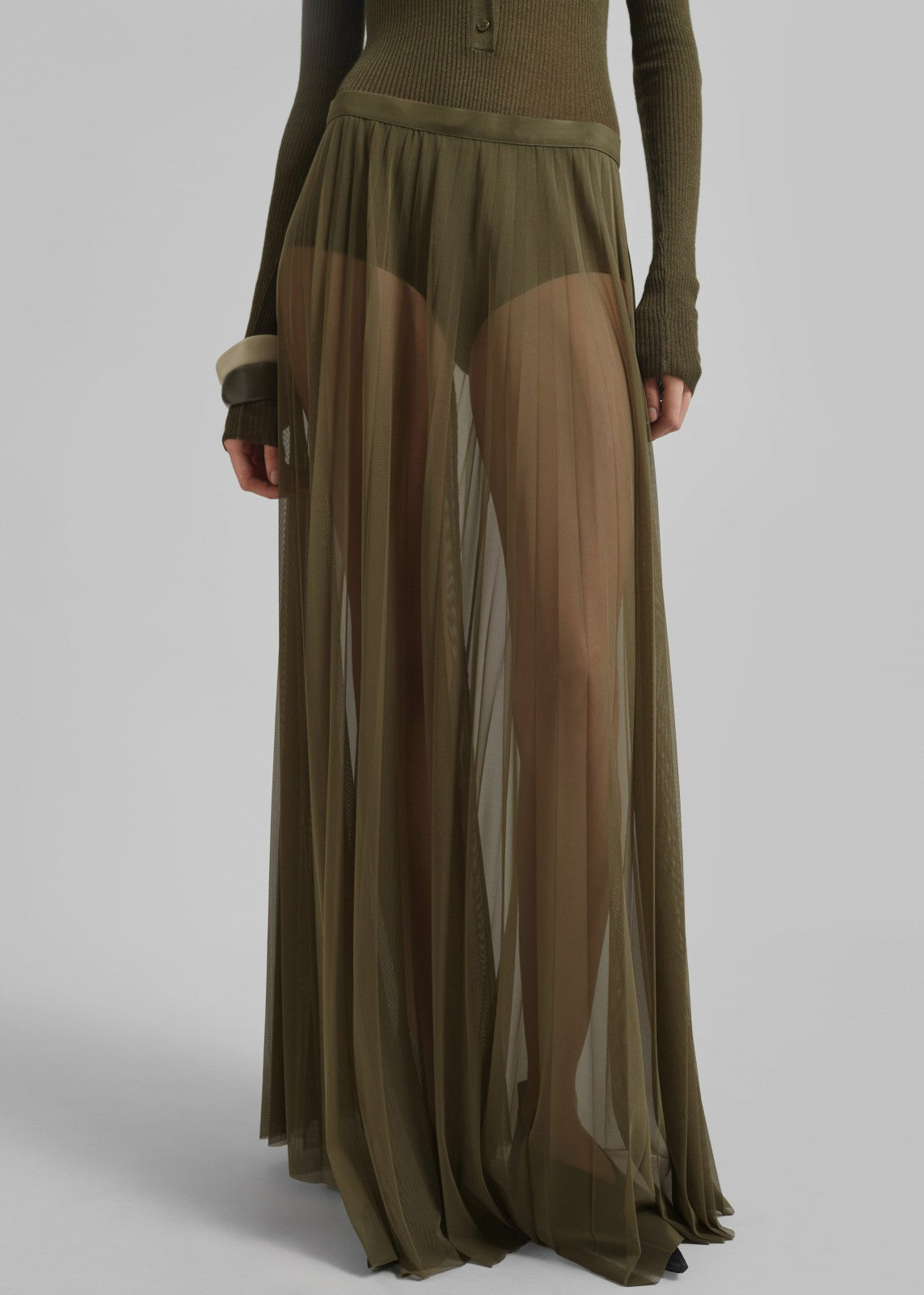 Vallen Pleated Mesh Maxi Skirt - Khaki