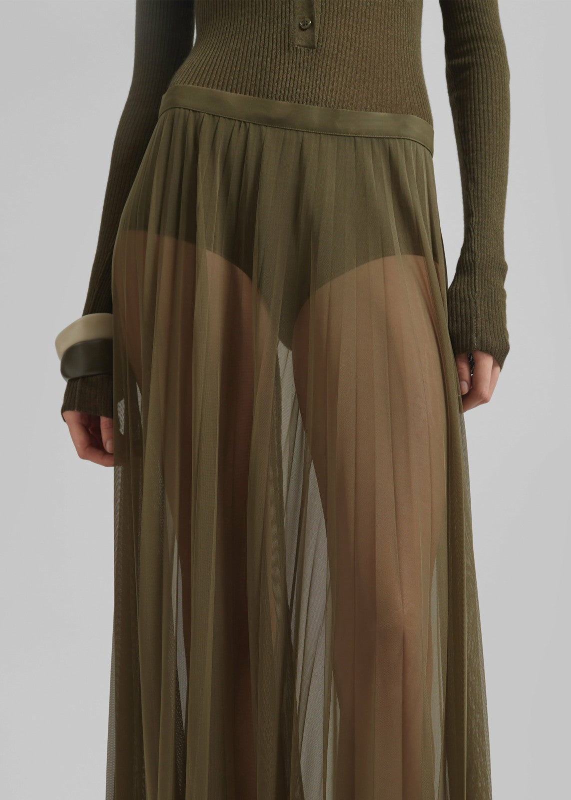 Vallen Pleated Mesh Maxi Skirt - Khaki