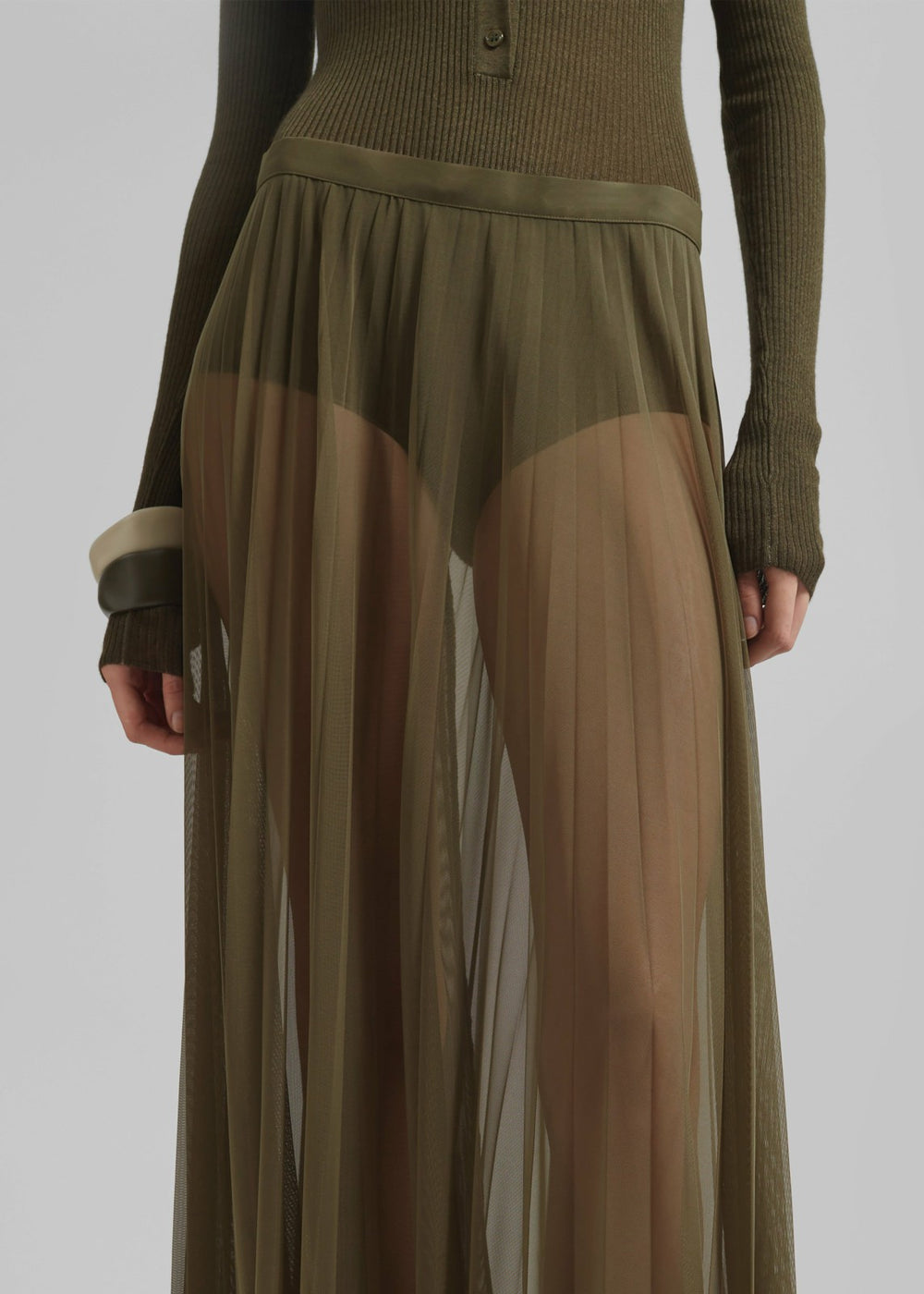 Vallen Pleated Mesh Maxi Skirt - Khaki