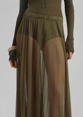 Vallen Pleated Mesh Maxi Skirt - Khaki