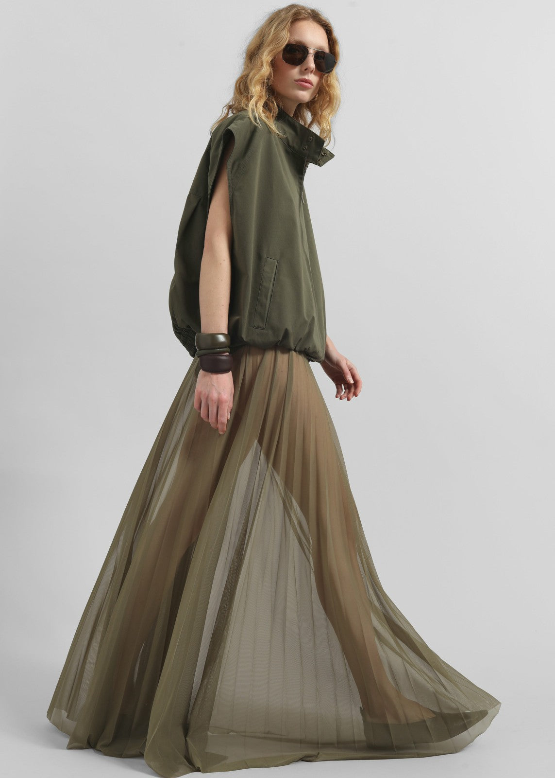 Vallen Pleated Mesh Maxi Skirt - Khaki