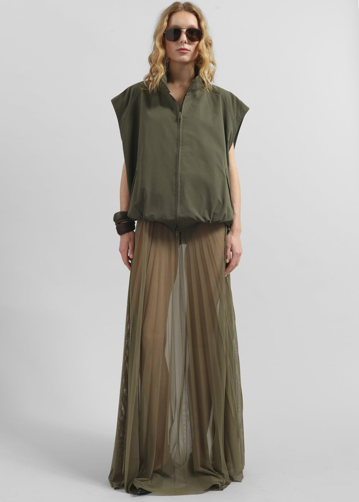 Vallen Pleated Mesh Maxi Skirt - Khaki