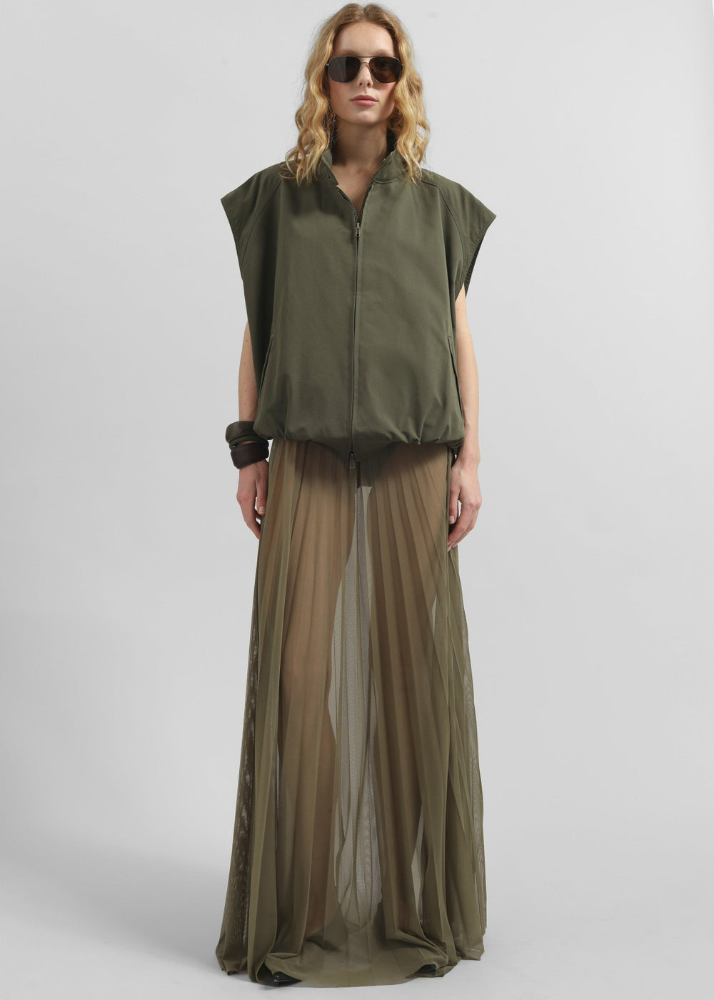 Vallen Pleated Mesh Maxi Skirt - Khaki