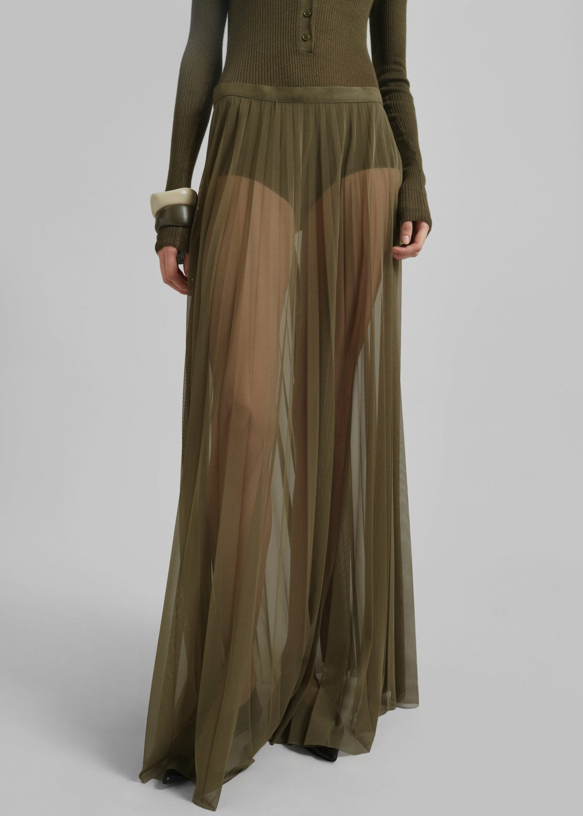 Vallen Pleated Mesh Maxi Skirt - Khaki
