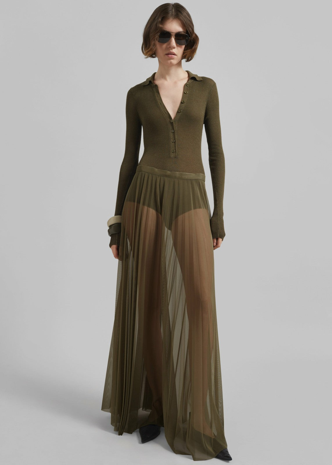 Vallen Pleated Mesh Maxi Skirt - Khaki