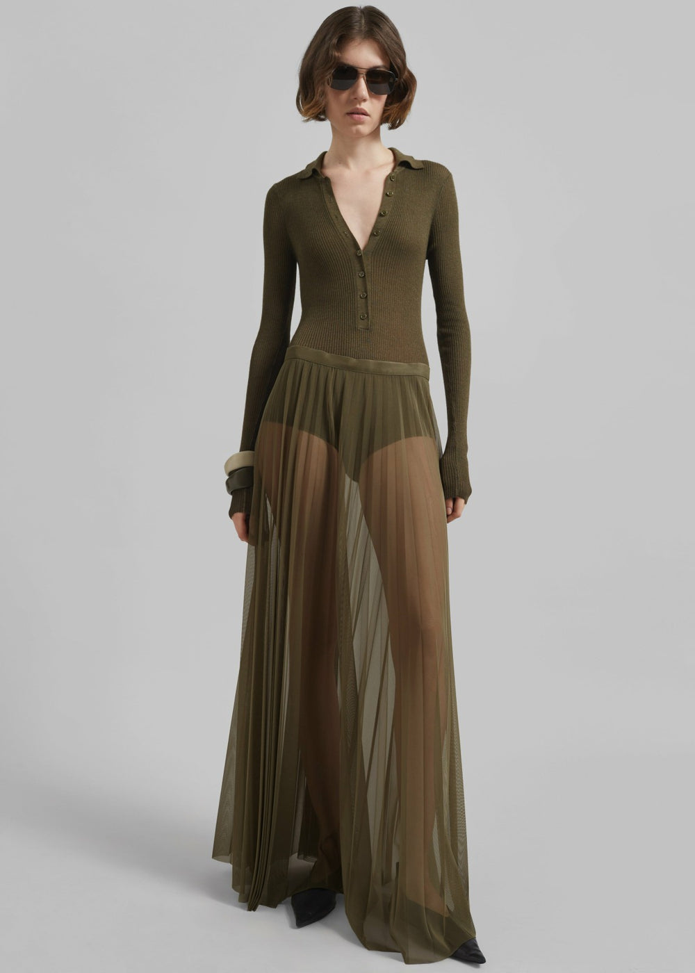 Vallen Pleated Mesh Maxi Skirt - Khaki