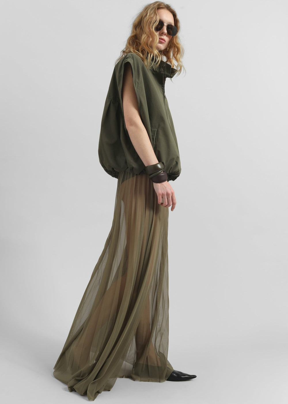 Vallen Pleated Mesh Maxi Skirt - Khaki