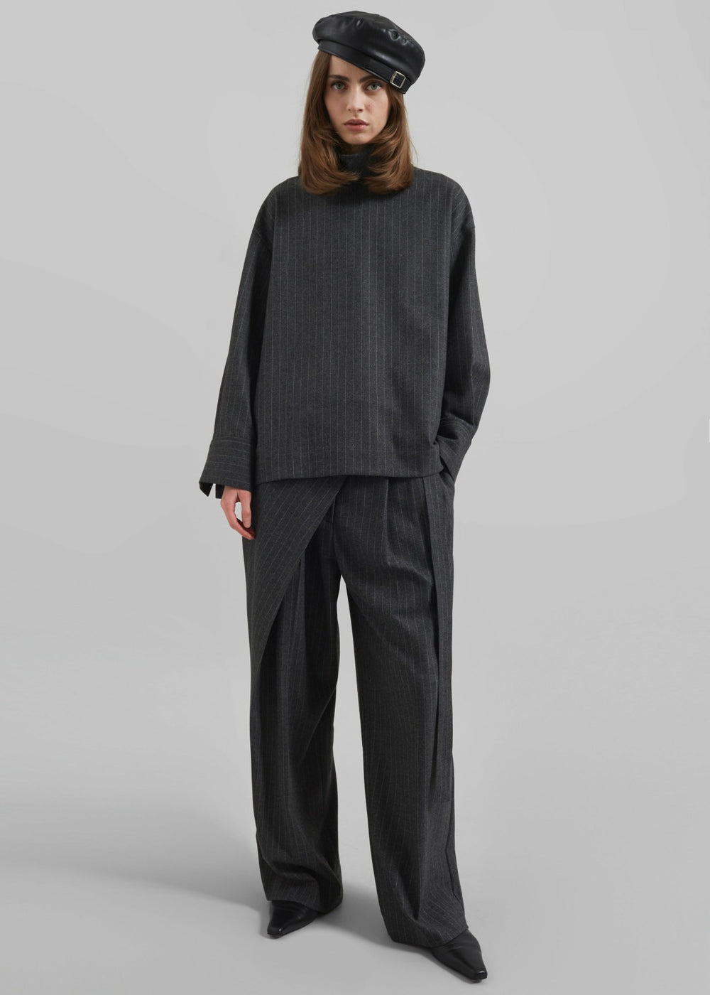 Belton Wool Blend Blouse - Charcoal/White Pinstripe