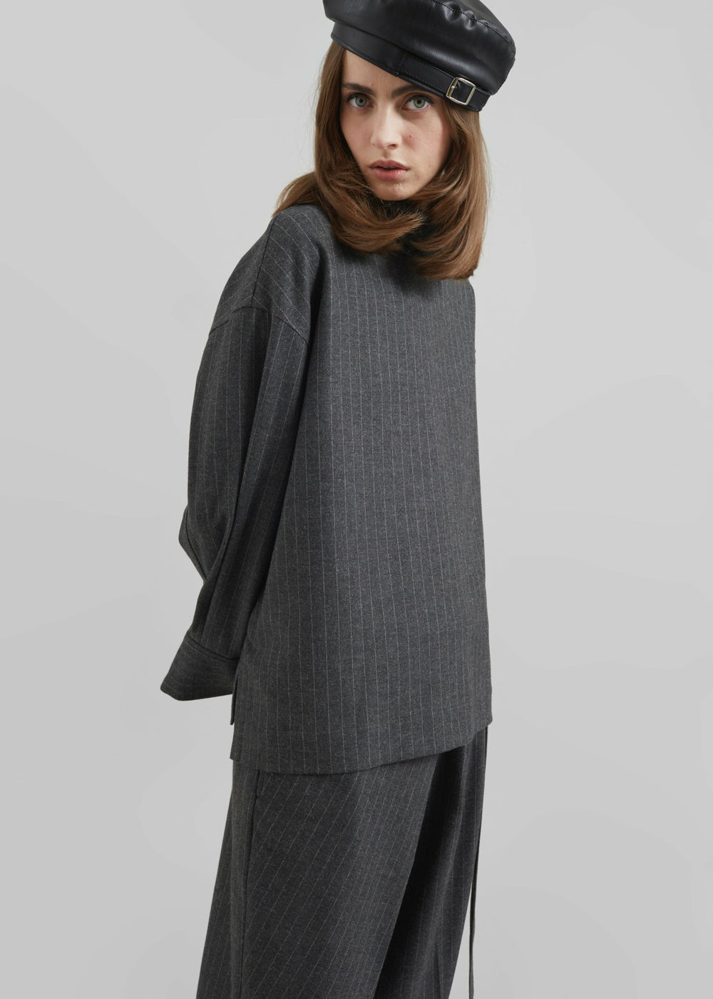 Belton Wool Blend Blouse - Charcoal/White Pinstripe