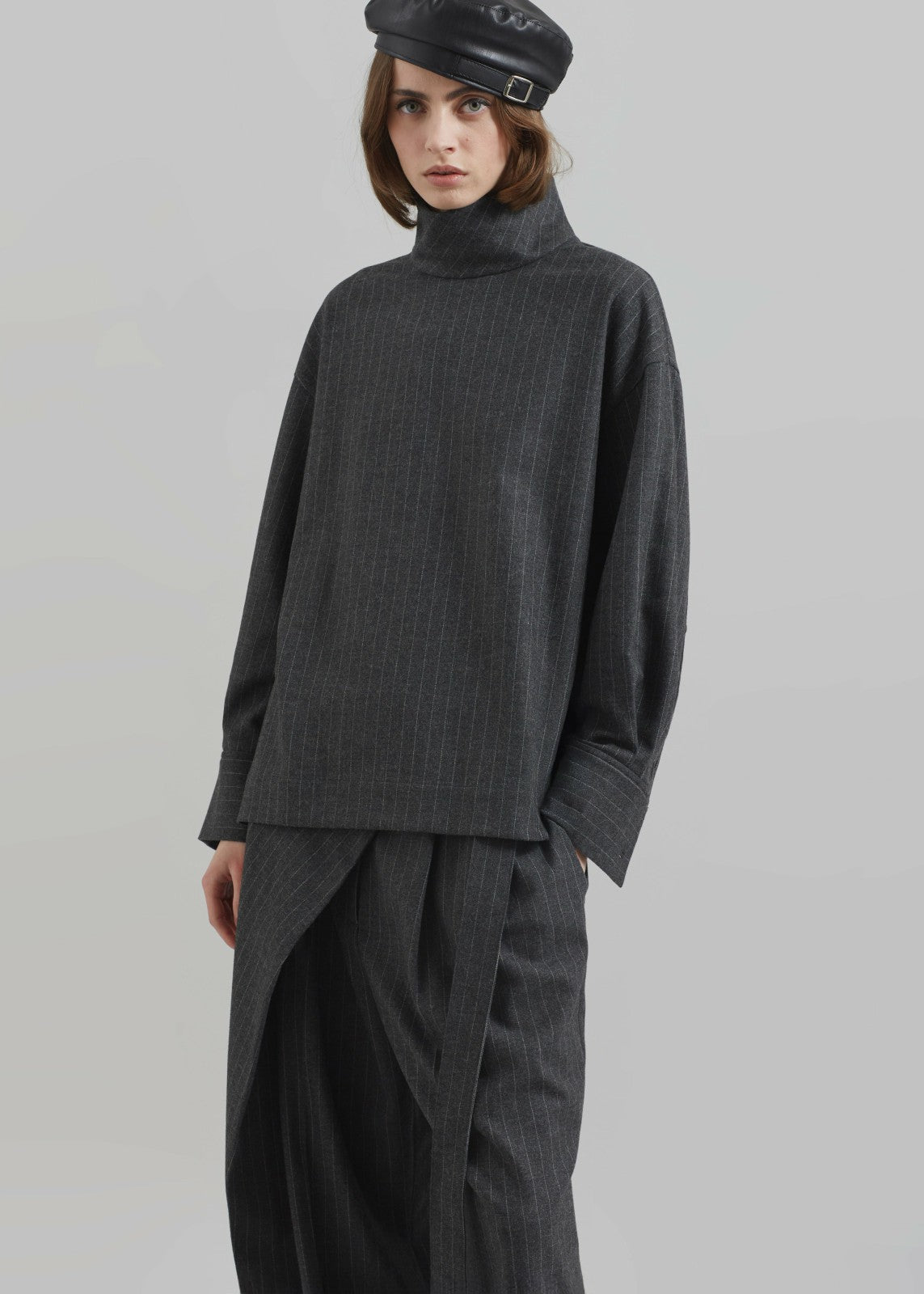 Belton Wool Blend Blouse - Charcoal/White Pinstripe