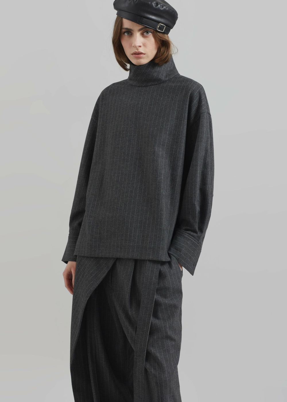 Belton Wool Blend Blouse - Charcoal/White Pinstripe