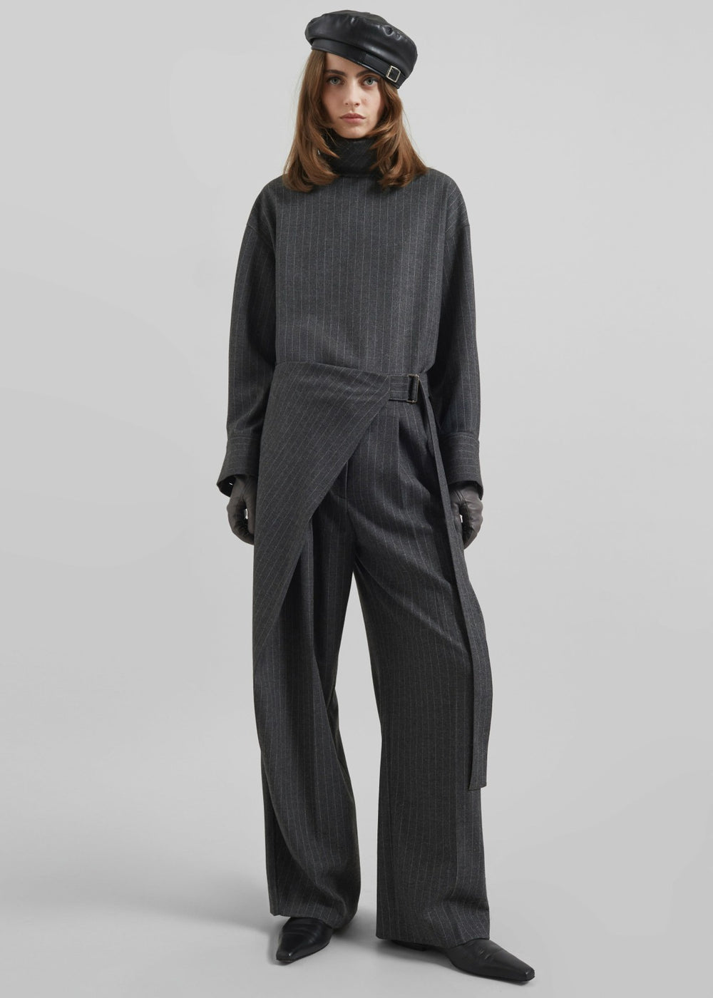 Belton Wool Blend Blouse - Charcoal/White Pinstripe