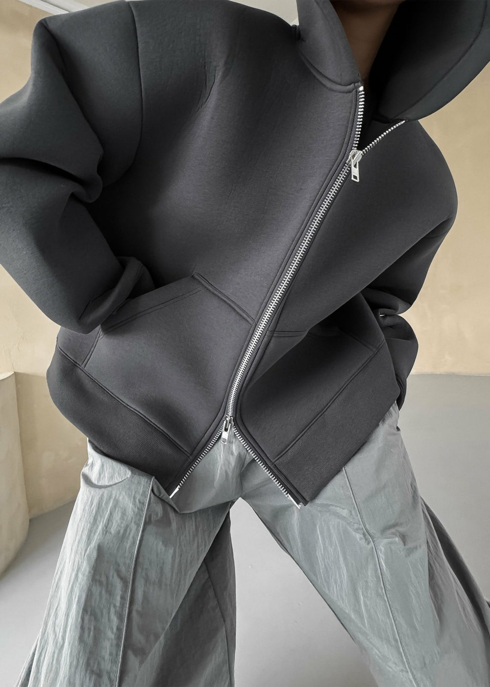 Calder Neoprene Zip-Up Hoodie - Grey