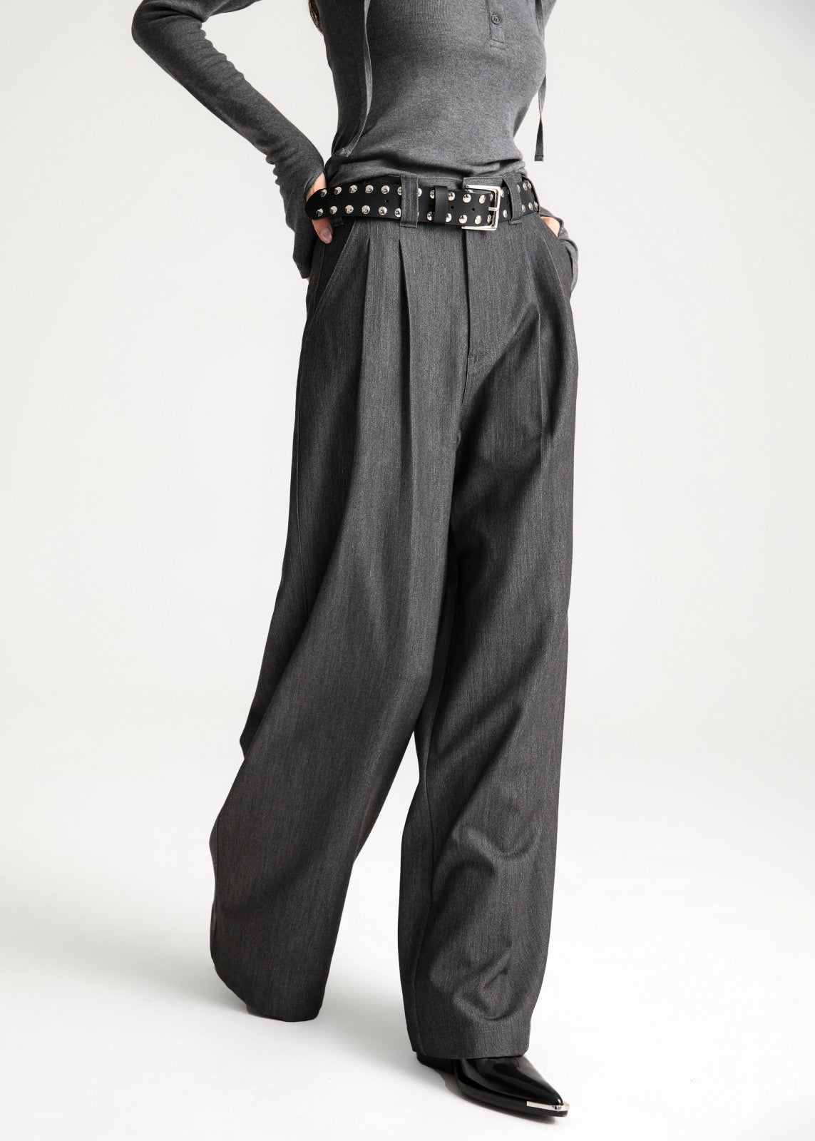 Nellore Pleated Denim Pants - Dark Grey Melange
