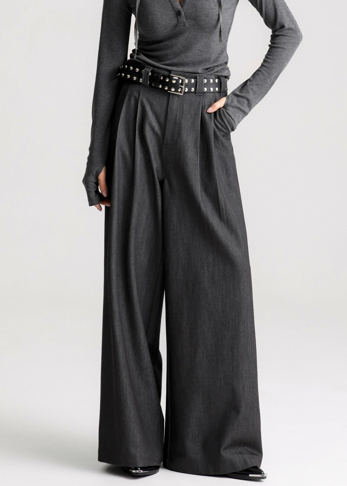 Nellore Pleated Denim Pants - Dark Grey Melange
