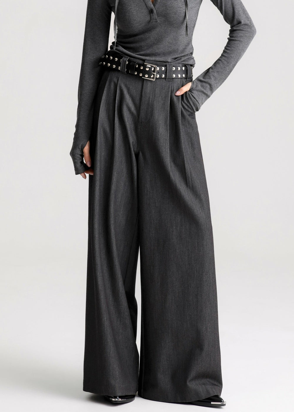 Nellore Pleated Denim Pants - Dark Grey Melange