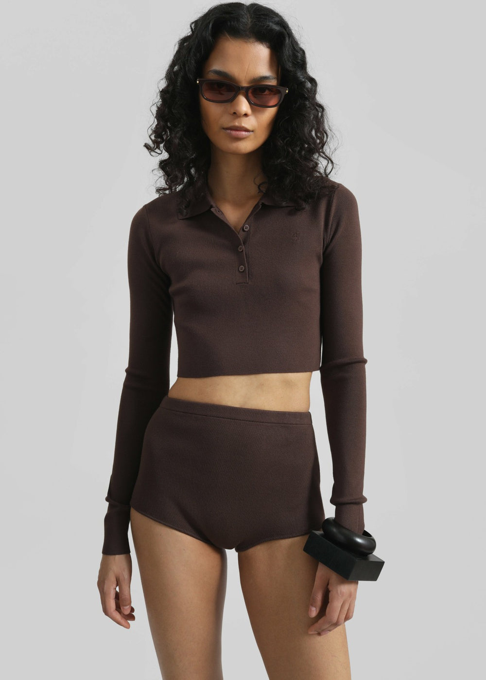 Giselle Cropped Knit Polo - Brown
