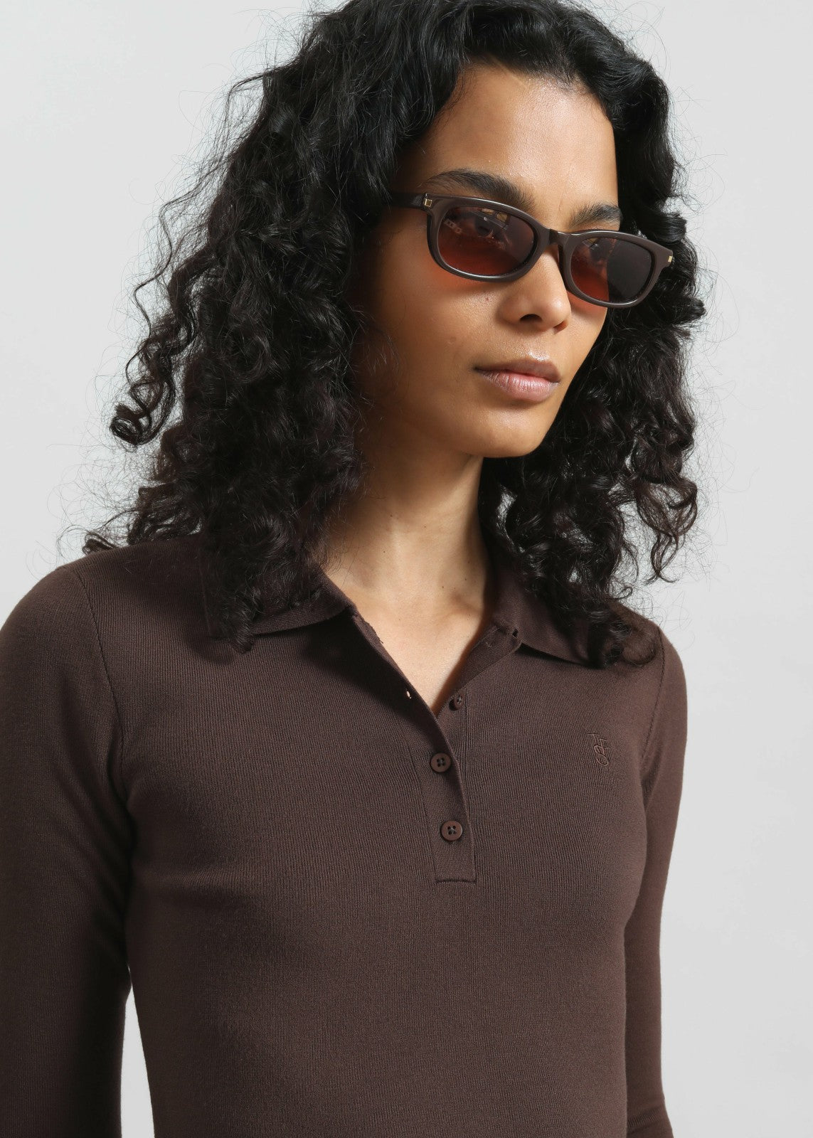Giselle Cropped Knit Polo - Brown