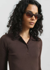 Giselle Cropped Knit Polo - Brown