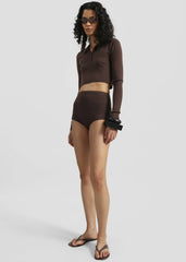 Giselle Cropped Knit Polo - Brown