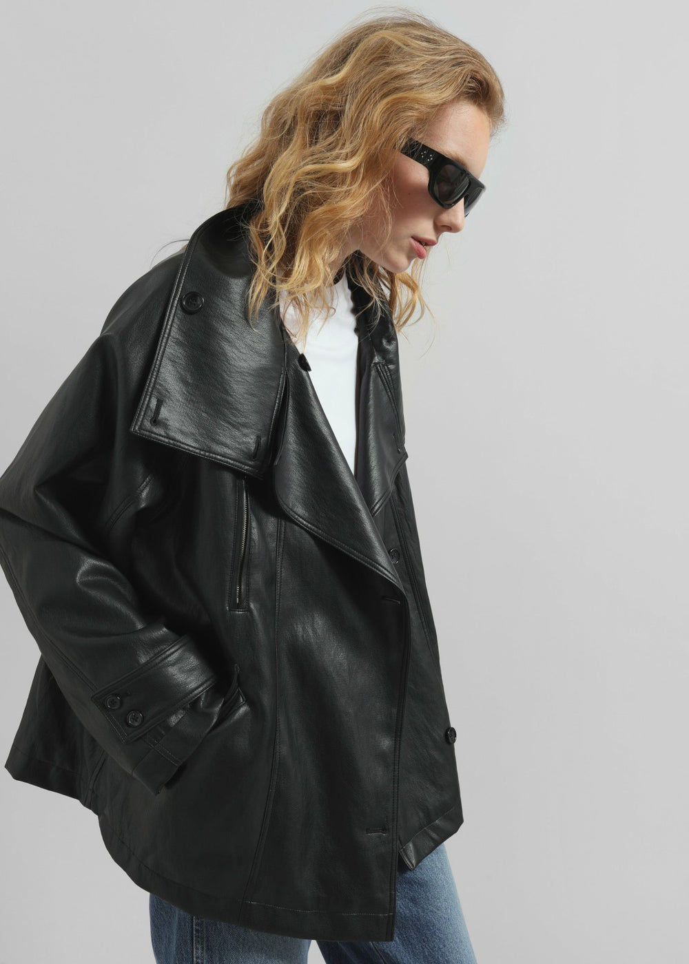 Amunta Faux Leather Trench Jacket - Black