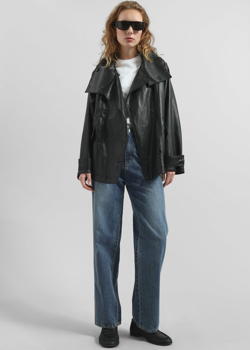 Amunta Faux Leather Trench Jacket - Black
