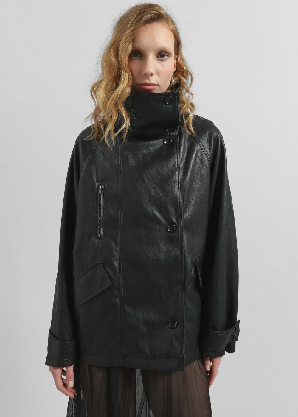 Amunta Faux Leather Trench Jacket - Black