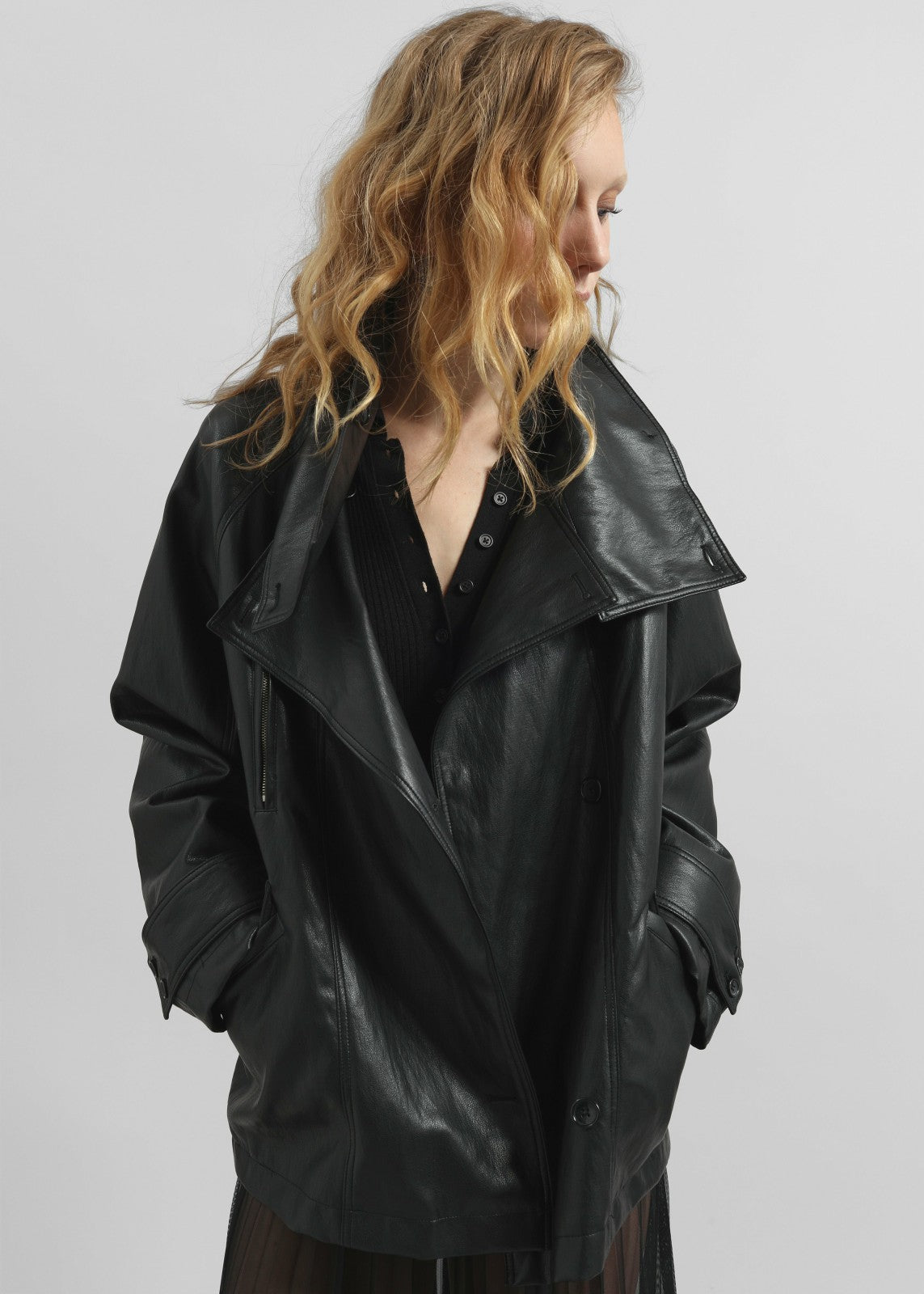 Amunta Faux Leather Trench Jacket - Black