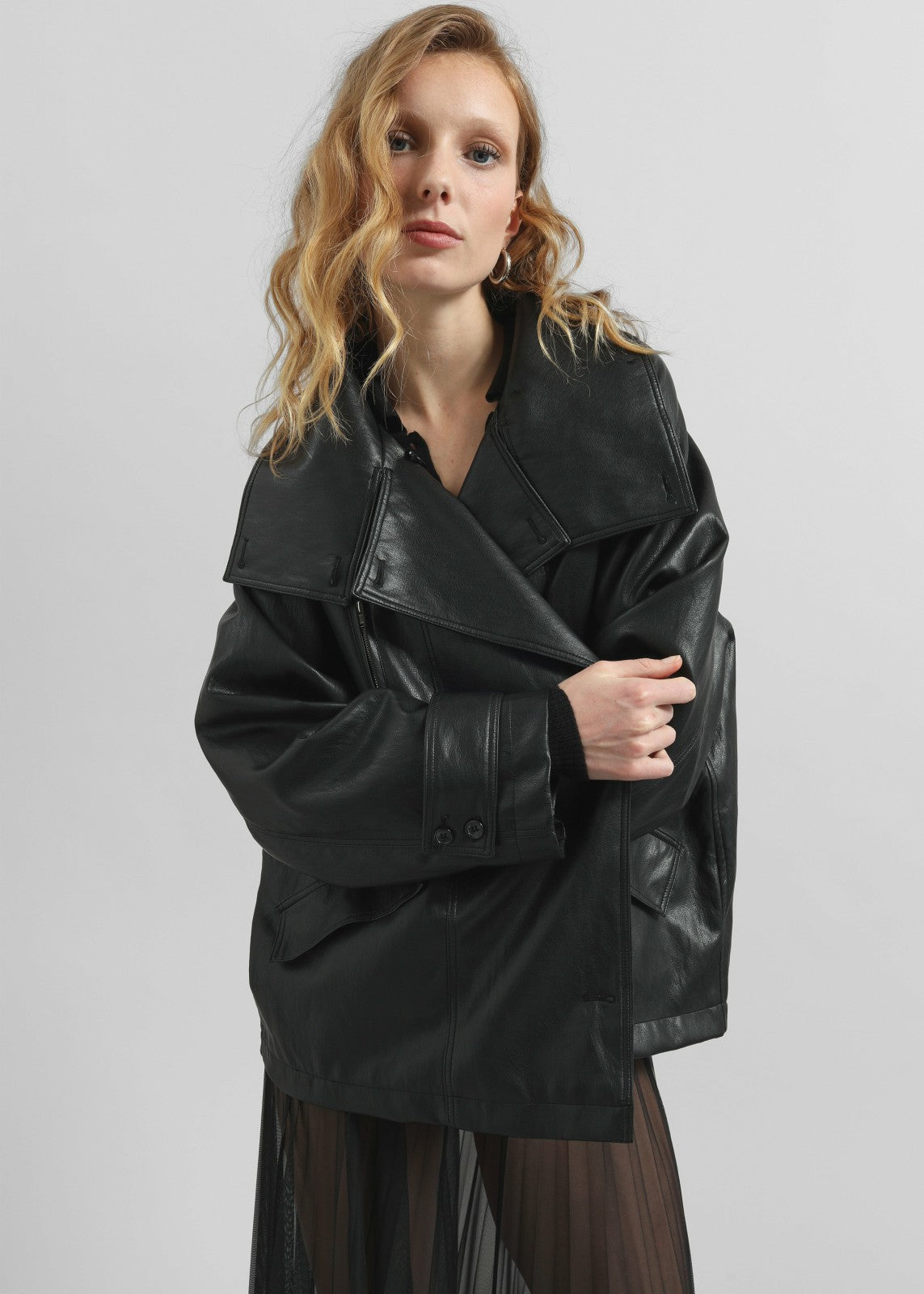 Amunta Faux Leather Trench Jacket - Black