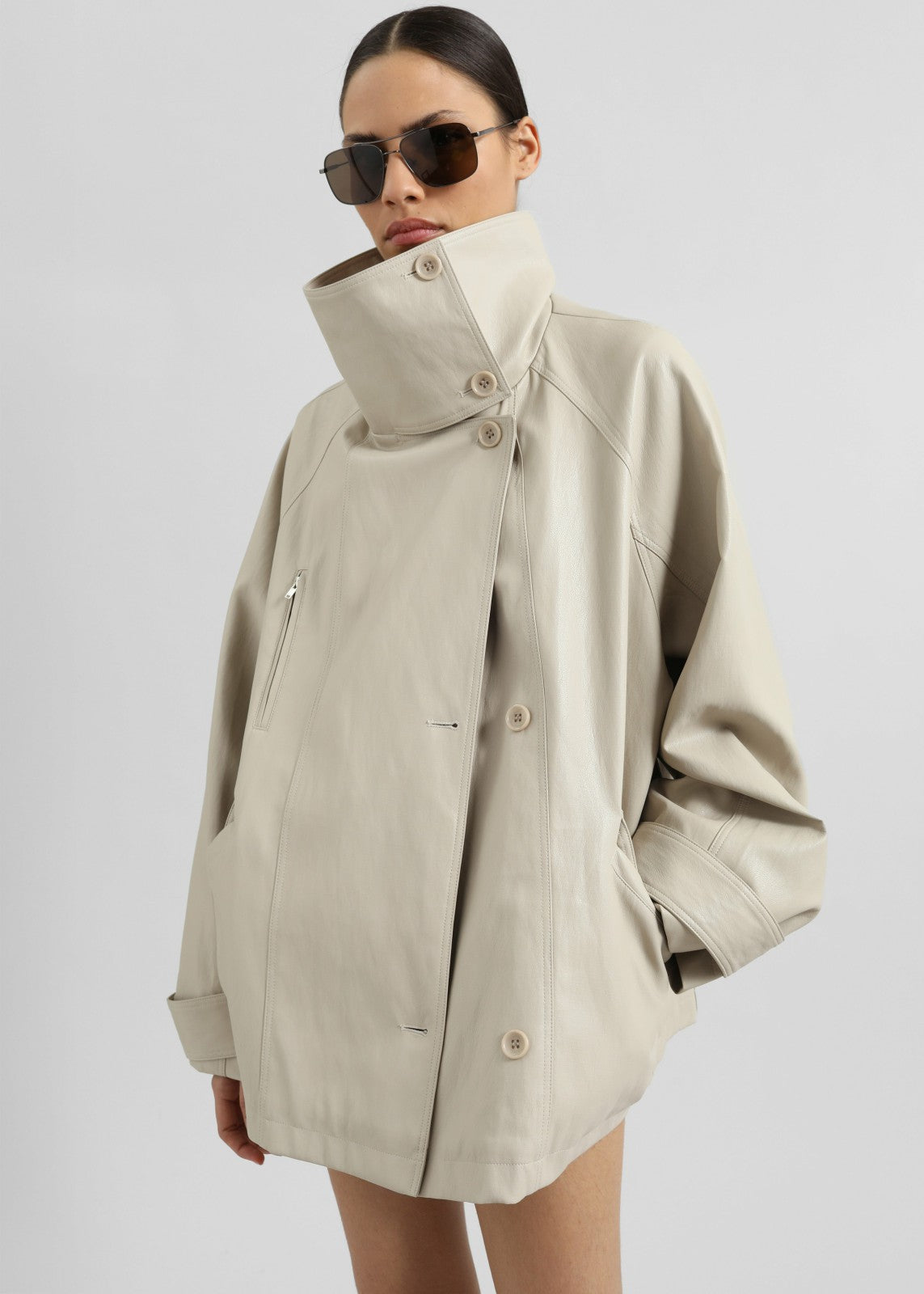 Amunta Faux Leather Trench Jacket - Light Beige