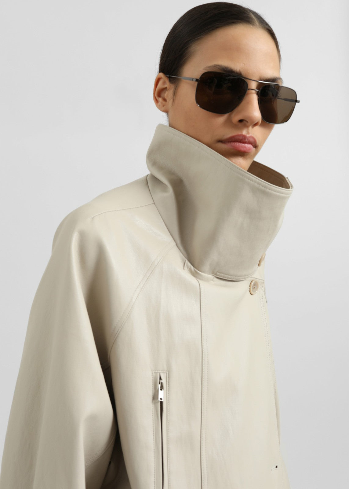 Amunta Faux Leather Trench Jacket - Light Beige