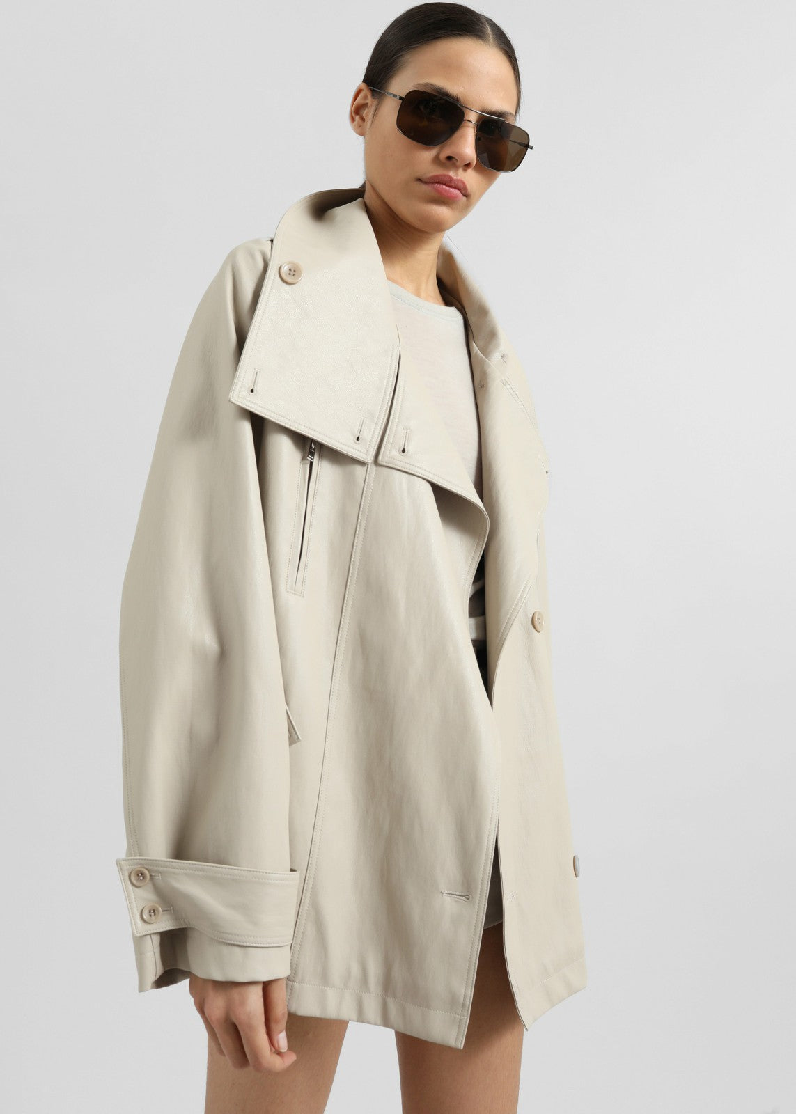Amunta Faux Leather Trench Jacket - Light Beige