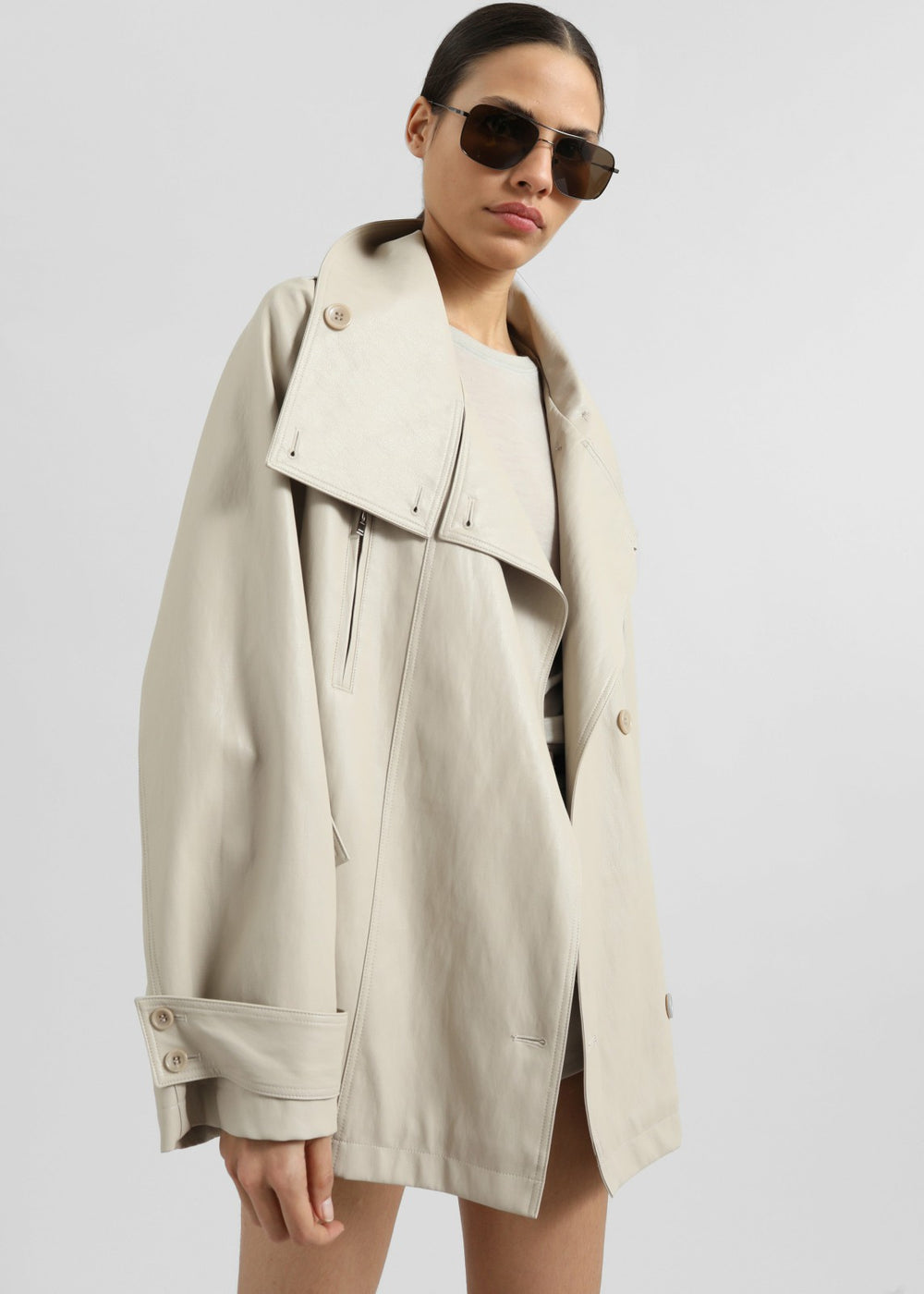 Amunta Faux Leather Trench Jacket - Light Beige