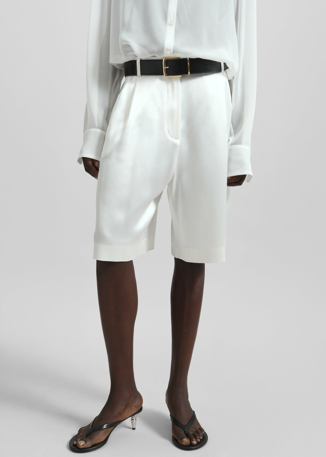 Marfa Pleated Satin Bermuda Shorts - White