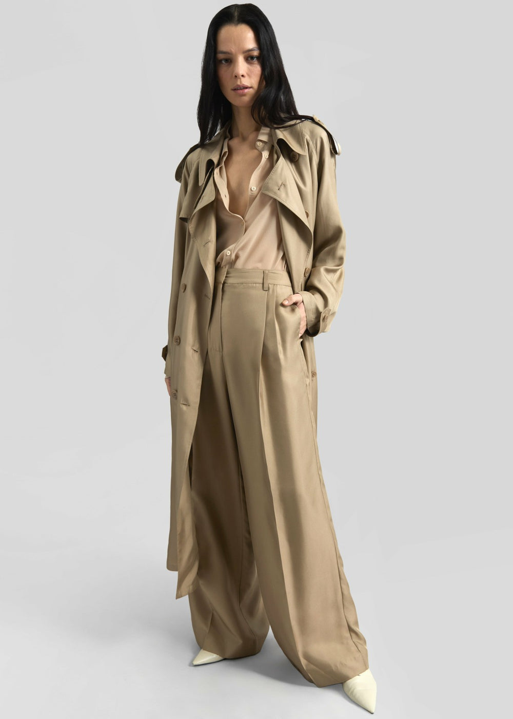 Marfa Pleated Silk Trousers - Beige