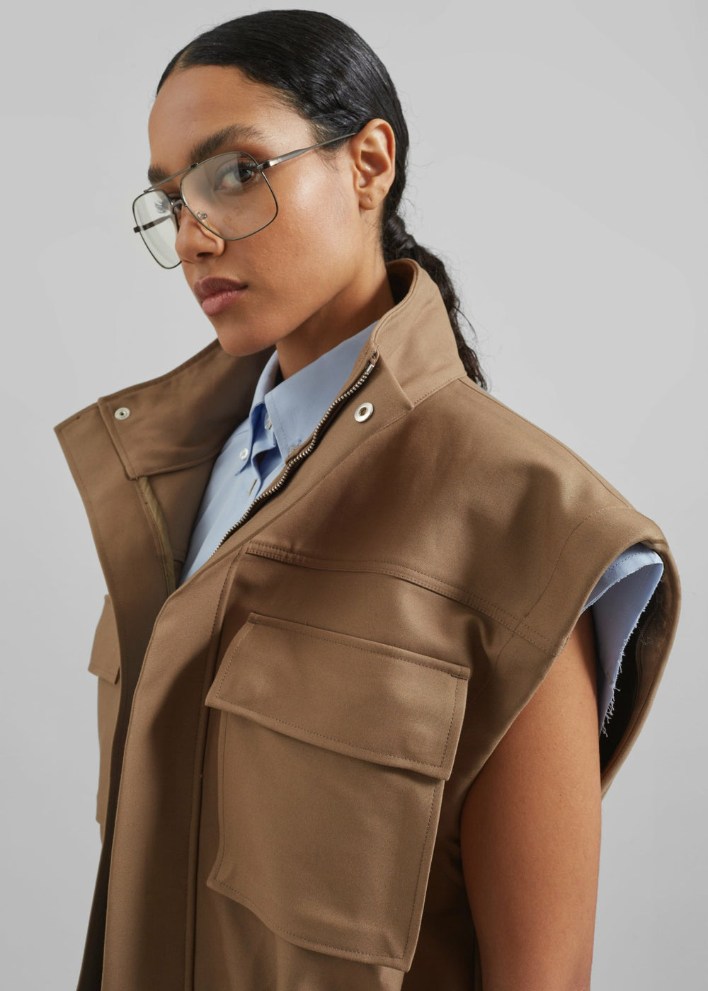 Melton Detachable Sleeve Cargo Jacket - Camel
