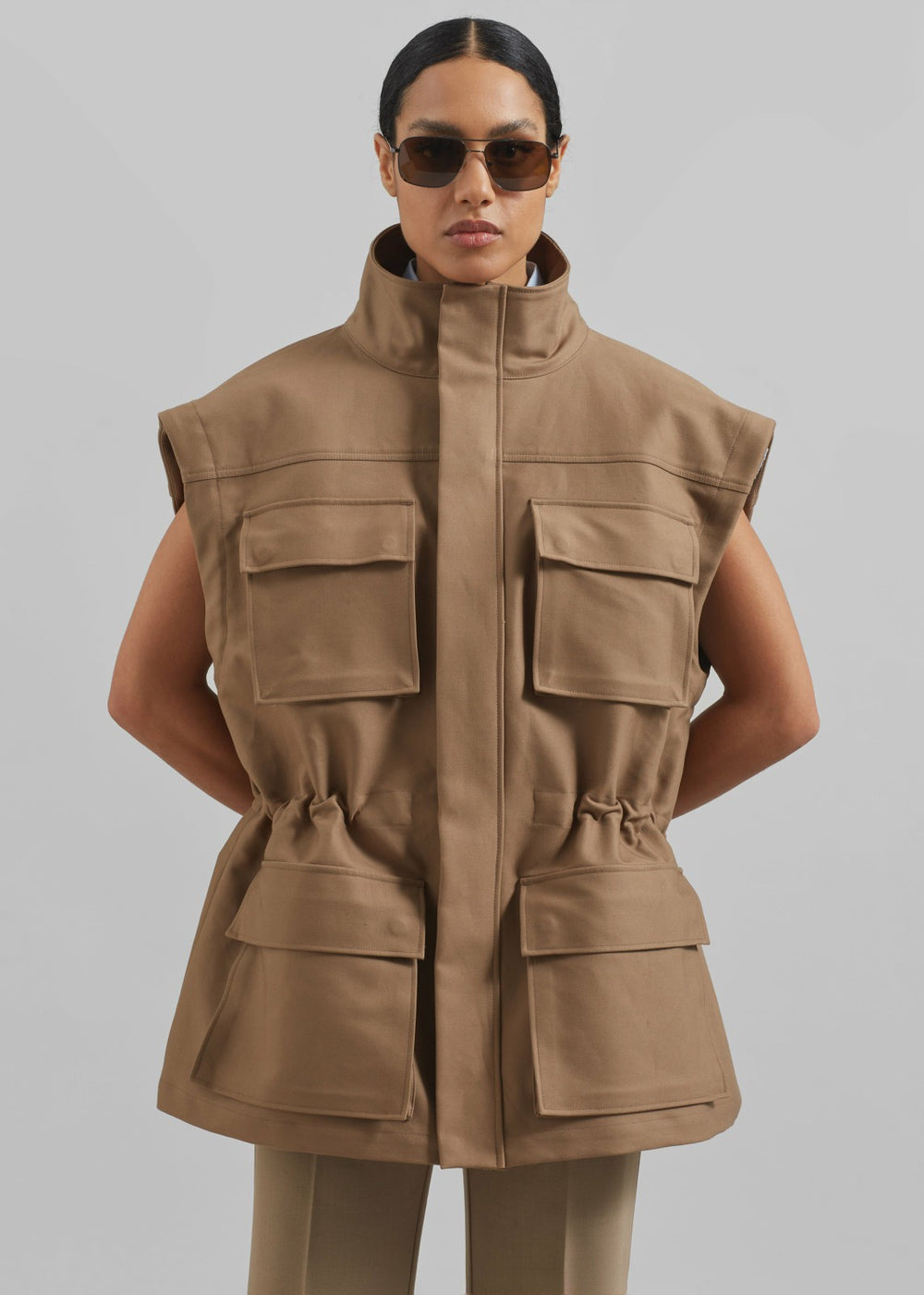 Melton Detachable Sleeve Cargo Jacket - Camel
