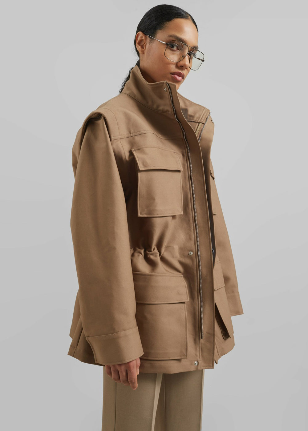Melton Detachable Sleeve Cargo Jacket - Camel