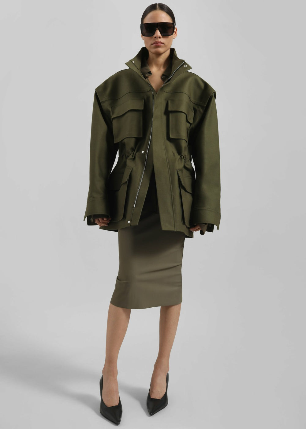 Melton Detachable Sleeve Cargo Jacket - Khaki