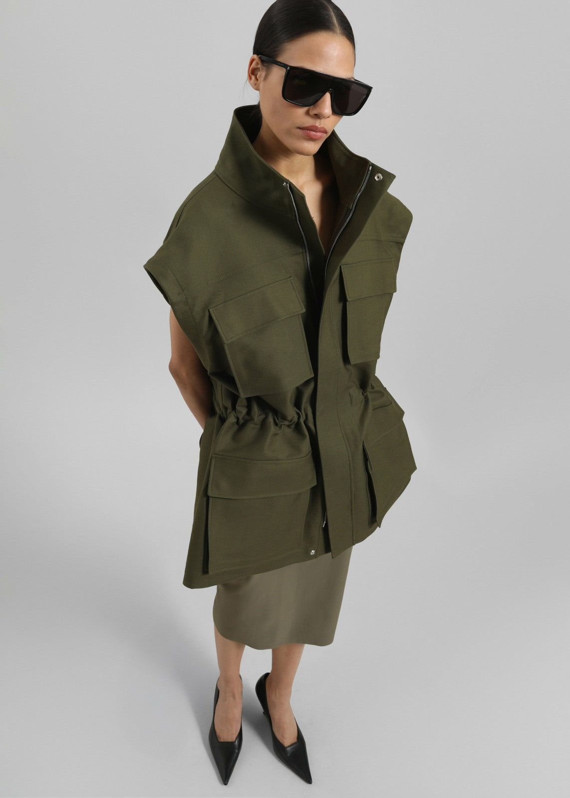 Melton Detachable Sleeve Cargo Jacket - Khaki