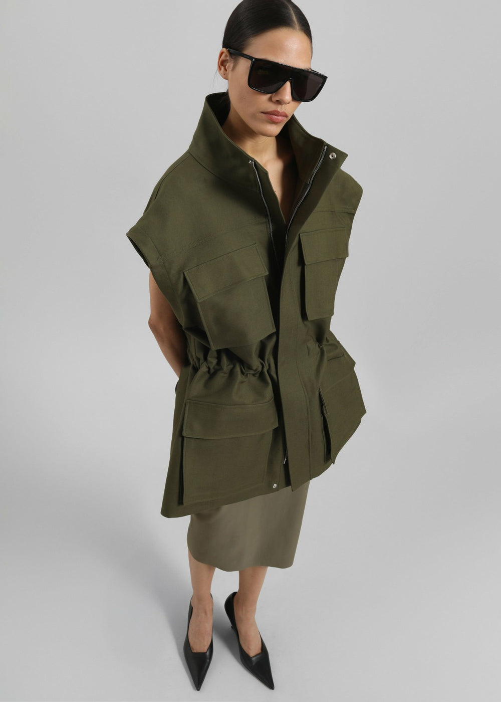 Melton Detachable Sleeve Cargo Jacket - Khaki