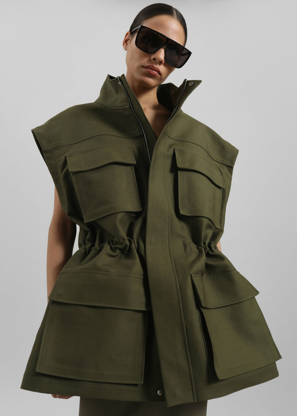 Melton Detachable Sleeve Cargo Jacket - Khaki